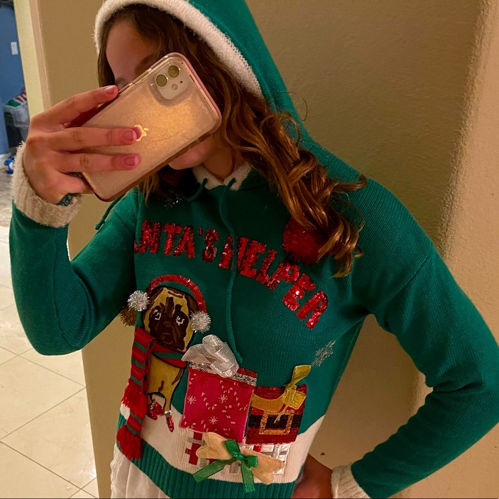 Hooded Christmas Pug sweater with sparkles and Pom poms. XS. Green.